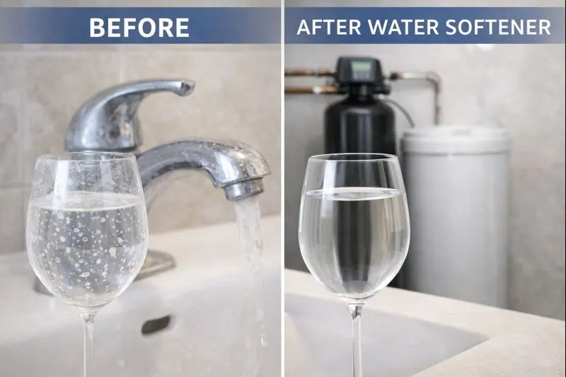 Before and after comparison showing hard water spots versus results after installing a water softener