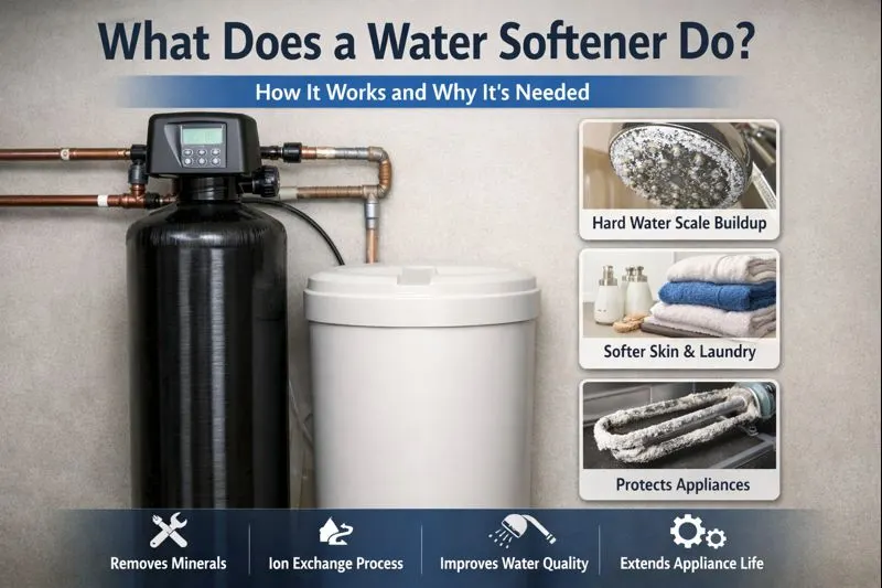 Diagram showing how a water softener removes hard water minerals and protects household appliances