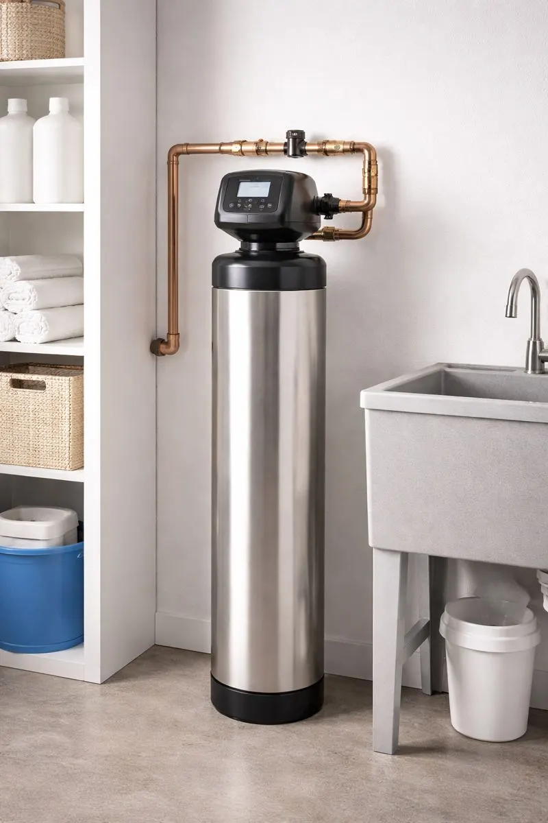 Stainless steel water softener tank with copper plumbing in a Utah laundry room