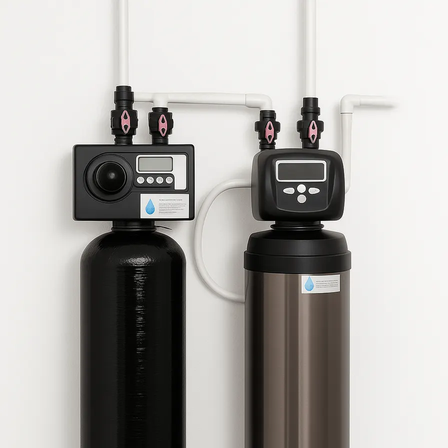 A whole-home water filter and a water softener installed side by side